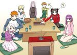  6+girls ? artoria_pendragon_(all) brother_and_sister crest_worm dorayaki emiya_shirou fate/stay_night fate_(series) food fujimura_taiga illyasviel_von_einzbern matou_sakura multiple_girls potato_house raglan_sleeves rider saber siblings sisters television toosaka_rin wagashi worms 