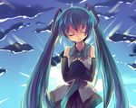  bad_id bad_pixiv_id blue_hair detached_sleeves hatsune_miku kobanzame long_hair sky solo tears twintails vocaloid 