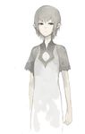  arms_at_sides bangs brown_eyes brown_hair closed_mouth dress expressionless ico looking_at_viewer pale_skin short_hair silver_hair simple_background sugimoto_gang upper_body white_background white_dress yorda 