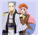  1girl 90s beret checkered couple earrings grey_hair hat hetero hoop_earrings hug jewelry kizaki_gamlin long_hair macross macross_7 military military_uniform mylene_jenius nesta older pink_hair u.n._spacy uniform 