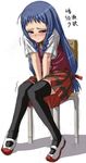  ayase_yue blue_hair blush braid chair long_hair mahou_sensei_negima! minarai_zouhyou plaid plaid_skirt skirt solo thighhighs twin_braids 