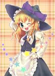  ;d apron arm_up bangs black_hat black_skirt black_vest blonde_hair blue_eyes bow braid eyebrows_visible_through_hair frilled_apron frills gradient hair_between_eyes hair_bow hand_on_hip hat hat_bow juliet_sleeves kirisame_marisa long_hair long_sleeves looking_at_viewer neck_ribbon oimo one_eye_closed open_mouth plaid plaid_background puffy_sleeves purple_bow purple_ribbon ribbon shirt skirt smile solo star touhou vest waist_apron white_apron white_bow white_shirt witch_hat 