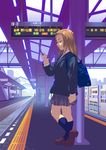  bag brown_eyes brown_hair cardigan cellphone halftone loafers long_hair original phone sakenotorii school_uniform shoes skirt solo tactile_paving train_station waiting 