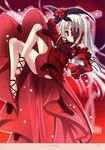  absurdres bare_shoulders detached_sleeves dress eyepatch feathers flower frills gathers hair_ornament highres hinamatsuri_touko lace legs light_particles lolita_fashion long_hair red_dress red_eyes red_flower red_rose reloaded_carmine rose sekaisen_logistia silver_hair solo 