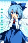  bad_id bad_pixiv_id blue_dress blue_eyes blue_hair blush bow cirno dress fujishiro_emyu hair_bow hands_on_own_cheeks hands_on_own_face open_mouth shirt short_hair solo touhou wings 