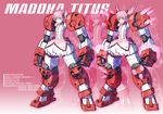  bubble_skirt character_name choker dress english engrish fusion gundam gundam_age gundam_age-1 gundam_age-1_titus hair_ribbon kaname_madoka magical_girl mahou_shoujo_madoka_magica mecha_musume mechanical_arms mechanical_legs parody pink_eyes pink_hair ranguage ribbon sad short_twintails skirt solo soul_gem standing sukekiyo56 text_focus twintails 