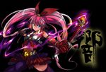  belt black_background blue_eyes cure_melody dark gloves houjou_hibiki izuna_nie kamen_rider kamen_rider_hibiki kamen_rider_hibiki_(series) kanji long_hair midriff namesake outstretched_arms pink_hair precure solo spread_arms suite_precure thighhighs twintails 