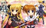  bardiche blonde_hair blue_eyes bodysuit bow brown_hair cape duplicate einhart_stratos fate_testarossa fingerless_gloves gloves green_eyes green_hair hair_bow heterochromia lyrical_nanoha magical_girl mahou_shoujo_lyrical_nanoha_vivid multiple_girls purple_eyes raising_heart red_eyes sacred_heart side_ponytail staff takamachi_nanoha thighhighs time_paradox twintails vivio 