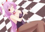  animal_ears bad_id bad_pixiv_id breast_hold breasts brown_legwear bunny bunny_ears bunny_tail bunnysuit checkered checkered_floor chimunge cleavage large_breasts leotard long_hair necktie one_eye_closed pantyhose purple_hair red_eyes reisen_udongein_inaba smile solo tail touhou 