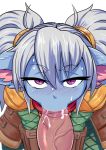  1girl bangs blue_skin blush censored close-up erection eyebrows_visible_through_hair fellatio fluffy_ears gloves league_of_legends leather leather_gloves long_sleeves looking_at_viewer oral penis pointy_ears poppy pov purple_eyes scarf shoulder_armor silver_hair simple_background sweat twintails white_background yordle zei-minarai 