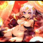  1girl :q bare_shoulders blurry_foreground breasts breasts_apart dark_skin detached_sleeves earrings eyebrows_visible_through_hair genie_(monster_girl_encyclopedia) hair_between_eyes hair_ornament hand_up heart heart-shaped_pupils jewelry lavender_hair letterboxed long_hair looking_at_viewer medium_breasts monster_girl_encyclopedia navel pointy_ears ponytail purple_eyes reclining rnskkn solo star star_hair_ornament stomach symbol-shaped_pupils thick_eyebrows tongue tongue_out uneven_eyes 