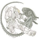  astronaut bad_id bad_pixiv_id kusagami_style monochrome no_humans simple_background sketch spacesuit spot_color white_background xenomorph 