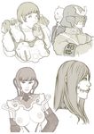  3girls bad_id bad_pixiv_id breasts glasgow_smile helmet kusagami_style large_breasts lips long_hair majin_kewpie monochrome multiple_boys multiple_girls nipples original short_hair simple_background sketch stitches topless white_background 