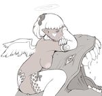  angel angel_wings bad_id bad_pixiv_id breasts dark_skin elbow_gloves gloves halo heart kusagami_style large_breasts lips monochrome monster nipples nude original pointy_ears puffy_nipples simple_background sketch solo spot_color straddling thighhighs white_background wings 