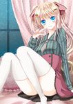  blonde_hair blue_eyes club_(shape) convenient_leg diamond_(shape) hair_ornament hair_ribbon hairclip heart itsumoto_hiroharu long_hair necktie original ribbon sitting skirt solo spade_(shape) thighhighs twintails very_long_hair white_legwear 