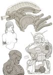  70s alien alien_(movie) bad_id bad_pixiv_id breasts extra_mouth gundam kusagami_style mecha medium_breasts mobile_suit_gundam monochrome monster nipples oldschool robot science_fiction simple_background sketch topless white_background xenomorph 