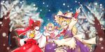  alice_margatroid apron arm_up arm_warmers ascot blonde_hair blue_dress blue_eyes blush bow braid brown_eyes brown_hair capelet closed_eyes dress forest hair_bow hair_ribbon hair_tubes hairband hakurei_reimu hat holding_hands kirisame_marisa long_hair long_sleeves multiple_girls nature open_mouth pointing pointing_up purple_dress ribbon scarf shirt short_hair skirt skirt_set smile snow snowing touhou tree witch_hat yuuta_(monochrome) 