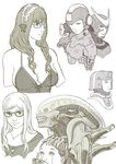  4girls 70s alien alien_(movie) android bad_id bad_pixiv_id breasts covering_mouth glasses hand_over_another's_mouth jewelry kusagami_style large_breasts lips monochrome monster multiple_boys multiple_girls necklace oldschool original robot rockman science_fiction simple_background sketch tears white_background xenomorph 