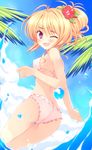  :d absurdres ass azure_(capriccio) bikini blonde_hair blush flower from_behind hair_flower hair_ornament hair_up hibiscus highres looking_at_viewer looking_back one_eye_closed open_mouth original purple_eyes smile solo swimsuit water 