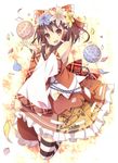  asa_no_ha_(pattern) ball bow brown_hair detached_sleeves dress flower hair_bow hair_flower hair_ornament hair_tubes hakurei_reimu petals red_eyes samegami solo striped striped_legwear thighhighs touhou 