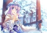 blush breath dress forest frills hat japanese_clothes nature obi open_mouth pink_eyes pink_hair saigyouji_yuyuko sash scarf short_hair smile snow solo t-ray torii touhou tree triangular_headpiece warming warming_hands wind winter 