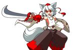  :d animal_ears armpits bare_shoulders detached_sleeves flat_chest hat inubashiri_momiji mono_(moiky) no_bra open_mouth pom_pom_(clothes) red_eyes shield short_hair smile solo sword tail tassel tokin_hat touhou transparent_background v-shaped_eyebrows weapon white_hair wolf_ears wolf_tail 