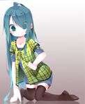  :3 bad_hands black_legwear blue_eyes blue_hair casual colored_eyelashes dress eyes_visible_through_hair fujiwara_gacho hair_over_one_eye highres kneeling long_hair looking_down original reflective_floor smile solo sui_(fujiwara_gacho) thighhighs translucent_hair v-shaped_eyebrows zettai_ryouiki 