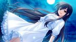  blue_eyes brown_hair dress dutch_angle full_moon highres long_hair michiru_(midori_no_umi) midori_no_umi moon moonlight saeki_hokuto skirt skirt_pull sky solo star_(sky) starry_sky very_long_hair 