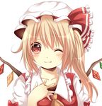  ascot bad_id bad_pixiv_id blonde_hair fang flandre_scarlet hat heart heart-shaped_pupils one_eye_closed red_eyes side_ponytail simple_background smile solo symbol-shaped_pupils touhou white_background wings yamasuta 
