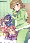  :3 :d absurdres animal_hood animal_print bed black_hair brown_eyes brown_hair bunny_hood cat_hood frog_hood frog_print gekota hair_ornament hairpin head_wreath highres hood hoodie long_hair misaka_mikoto multiple_girls nakayama_miyuki open_mouth pajamas pom_pom_(clothes) print_pajamas saten_ruiko shirai_kuroko smile smirk to_aru_kagaku_no_railgun to_aru_majutsu_no_index twintails uiharu_kazari wavy_mouth 