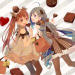  2girls ahoge alternate_costume bag black_dress brown_eyes brown_hair brown_legwear candy chocolate colis commentary_request dress fang feet_out_of_frame food frilled_dress frills from_behind grey_eyes grey_hair hair_between_eyes hair_bun hair_ornament hair_ribbon hat heart kantai_collection kiyoshimo_(kantai_collection) libeccio_(kantai_collection) lollipop long_hair looking_at_viewer looking_back low_twintails mini_hat multiple_girls open_mouth pantyhose polka_dot polka_dot_dress ribbon smile striped striped_background tan twintails 