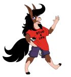  2019 anthro biscuit_(mirroidal) black_hair blue_eyes brown_fur clothing digital_media_(artwork) donkey english_text equine fur hair mammal mirroidal pose shirt shorts simple_background smile solo text waving white_background 