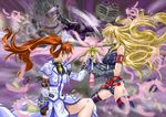  2girls arm_guards armor battle belt cartridge crossover epic fate_testarossa feathers fingerless_gloves gloves helmet highres jacket kamen_rider kamen_rider_ouja kamen_rider_ryuki_(series) kicking long_skirt lyrical_nanoha magical_girl multiple_girls open_clothes open_jacket raising_heart skirt takamachi_nanoha tarisa thighhighs torn_clothes 