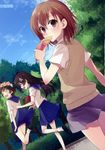  :d ^_^ absurdres black_hair brown_eyes brown_hair closed_eyes crepe eating food head_wreath highres hijiki_(hijikini) lifted_by_another long_hair misaka_mikoto multiple_girls open_mouth sakugawa_school_uniform saten_ruiko school_uniform serafuku skirt skirt_lift smile tears to_aru_kagaku_no_railgun to_aru_majutsu_no_index tokiwadai_school_uniform uiharu_kazari uniform 