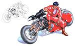  akira biker_clothes black_hair boots gloves goggles goggles_removed ground_vehicle highres jumpsuit kaneda_shoutarou lineart male_focus motor_vehicle motorcycle official_art ootomo_katsuhiro sitting solo 