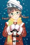  akizuki_ritsuko bad_id bad_pixiv_id blush can canned_coffee drinking glasses hat idolmaster idolmaster_(classic) masao mittens scarf snow solo steam twintails upper_body 