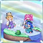  backpack bag faux_figurine hat kawashiro_nitori key kisasage_kouta lowres moriya_suwako multiple_girls onozuka_komachi pixel_art touhou two_side_up water 