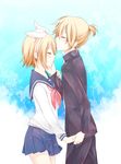  1girl blonde_hair blush brother_and_sister forehead_kiss hairband hand_on_another's_cheek hand_on_another's_face highres holding_hands kagamine_len kagamine_rin kiss pleated_skirt profile school_uniform serafuku short_hair short_ponytail siblings skirt smile twins vocaloid yuuki_arisu_(yuigi) 