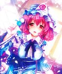  dango food hat japanese_clothes pink_eyes pink_hair saigyouji_yuyuko sanshoku_dango short_hair skewer solo teruru touhou triangular_headpiece wagashi 