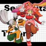  animal_ears breasts brown_legwear bunny_ears character_name frown gloves green_eyes grey_hair grin kneeling large_breasts long_hair multicolored_hair multiple_girls pants pantyhose pink_hair red_hair seraphita_(xenogears) shoes short_hair smile standing standing_on_one_leg tolone_(xenogears) twintails two-tone_hair v vibri xenogears 