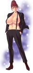  areolae bad_id bad_pixiv_id breasts earrings hands_in_pockets highres huge_breasts jewelry mature navel open_clothes open_shirt original red_hair shirt short_hair solo suspenders takasugi_kou 