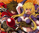  1girl ares_(brandish) arm_up blonde_hair brandish breasts brown_hair dela_delon gloves large_breasts long_hair orange_background purple_eyes scarf staff surprised zyano 