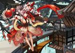  bare_legs barefoot black_wings bridge detached_sleeves fan floral_print gourd grey_eyes house japanese_clothes mask open_mouth original sasurai_susuki silver_hair solo tengu tengu_mask town wide_sleeves wings 