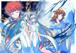  3girls adol_christin ancient_ys_vanished blue_dress blue_eyes blue_hair brown_hair closed_eyes dress feena_(ys) jewelry lilia_(ys) long_hair multiple_girls necklace reah_(ys) red_hair sash serious short_hair siblings twins white_dress xiacheng_tatsuya ys 