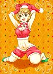  blonde_hair breasts christmas cleavage cleavage_cutout elbow_gloves eyelashes gloves green_eyes hands_on_headwear huang_baoling medium_breasts midriff navel santa_costume short_hair shorts slippers solo tiger_&amp;_bunny yaucop 