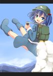  backpack bag blue_eyes blue_hair blush boots flying hair_bobbles hair_ornament hat ixen-fei jetpack kawashiro_nitori key letterboxed long_hair open_mouth skirt smile solo touhou two_side_up 