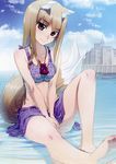  absurdres animal_ears barefoot brown_hair contemporary day fang feet highres holo jewelry jpeg_artifacts koume_keito light_reflection_(water) long_hair outdoors pendant red_eyes scan sitting solo spice_and_wolf submerged tail tank_top v_arms water wolf_ears wolf_girl 