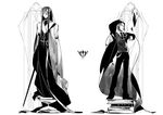  bad_id bad_pixiv_id book cape command_spell fate/zero fate_(series) fire greyscale hourglass ionioi_hetairoi long_hair male_focus monochrome multiple_boys necktie occacia sword waver_velvet weapon 