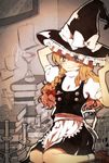  1girl beaker book book_stack bow braid candle hair_bow hat kirisame_marisa kneeling solo test_tube touhou witch_hat 