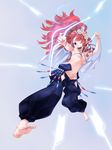  armpits barefoot blue_eyes blue_hakama bow_(weapon) energy flower hakama headdress hooko japanese_clothes long_hair midriff navel one_eye_closed open_mouth original pointy_ears ponytail red_hair revealing_clothes smile solo weapon 